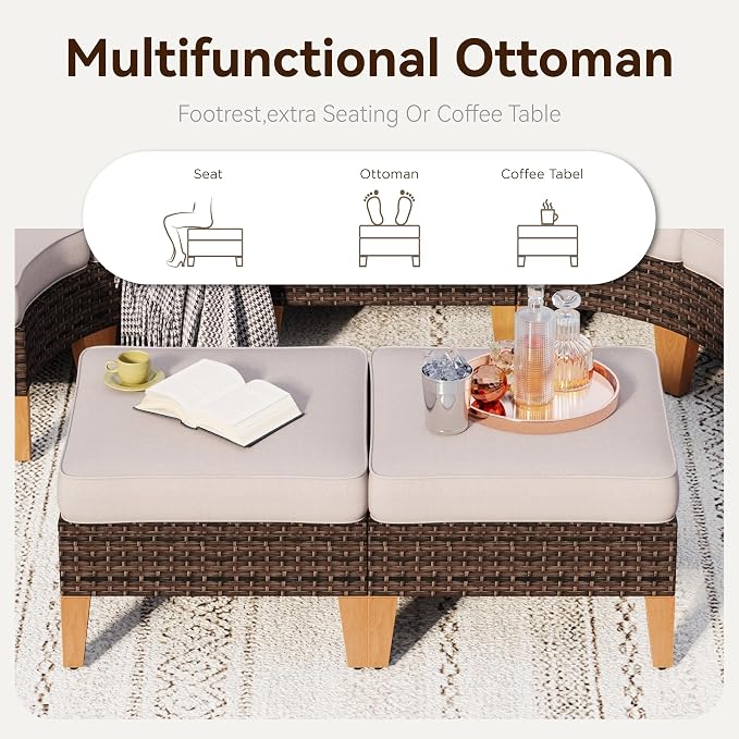 GREEN PARTY 10 Pieces Wicker Patio Furniture Set, All-Weather Outdoor Rattan Half-Moon Curved Patio Sectional Sofa Conversation Set 10 Seats for Garden, Backyard, 2 x Swivel Chairs