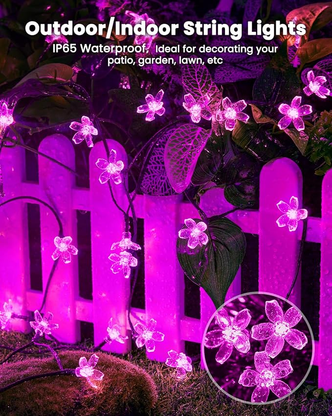 Brightown 2 Pack Total 52FT 120 LED Flower Solar String Lights Outdoor Waterproof Fairy Lights for Garden Yard Fence Patio Christmas Tree Wedding Party Decor, Pink