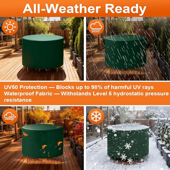 32"(D) x 56"(H) Round Outdoor Furniture Cover, Custom Heavy Duty 420D Waterproof Patio Furniture Cover with Drawstring & Buckles for Table Chair Garden, Green