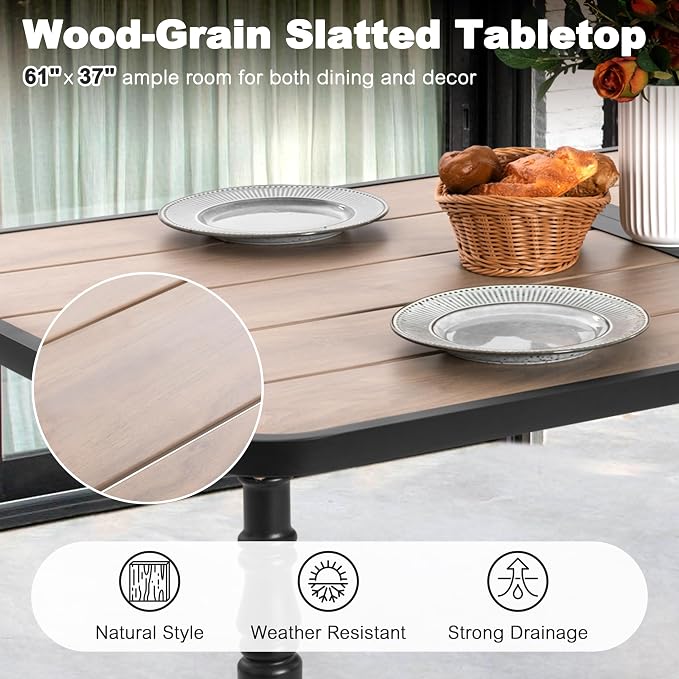 NUU GARDEN 7-Piece Outdoor Dining Set for 6, Patio Wood-Grain Table and Stackable Chairs Set with Umbrella Hole, 7 Pieces Metal Outdoor Furniture Set for Patio, Garden, Backyard, Black