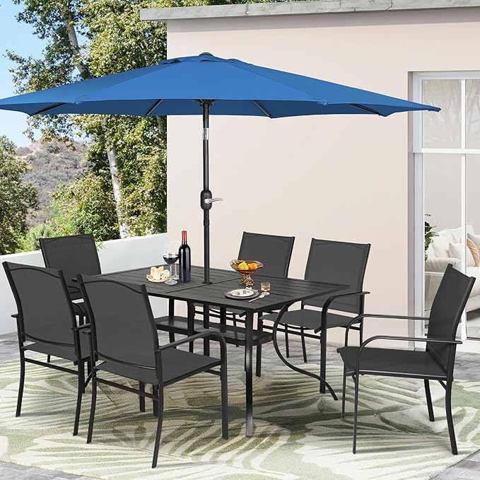 Crownland 7 Piece Patio Dining Set, Textilene Dining Sets, 6 Textilene Metal Chairs and Rectangular Outdoor Dining Table with Dark Blue 9FT Round Outdoor Umbrella (Black)