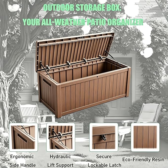Outdoor Storage Solution with Deck Box Design, Multi-purpose Patio Furniture for Garden Tools, Shoe Storage & Cushions, Strong Storage Bins with Lids Style (brown)