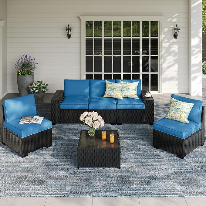 6-Piece Outdoor Patio Furniture Set, Modular Wicker Sectional Sofa with Thick Cushions & Coffee Table, All-Weather Rattan Conversation Set for Backyard, Porch, Poolside, Peacock