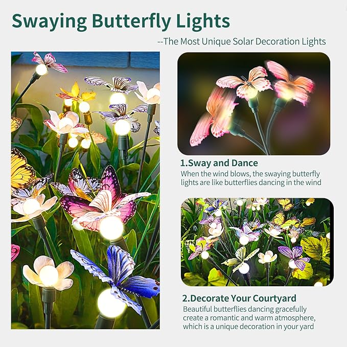 FENSAN Solar Garden Lights,2packs-16LED,Outdoor Solar Powered Decor for Yard, Patio, Pathway, IP65 Waterproof Butterfly Lights