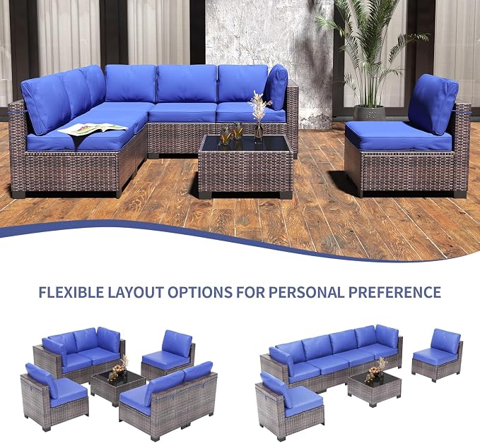 GarveeHome 7 Piece Patio Furniture Set, PE Rattan Wicker Sectional Sofa Set with Cushions & Glass Top Coffee Table, Outdoor Conversation Furniture for Garden, Balcony, Porch, Backyard