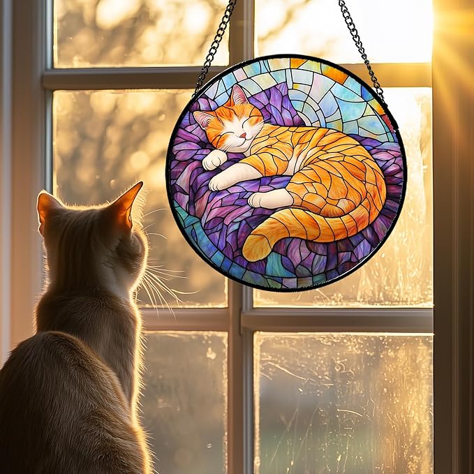 Stained Glass Window Hanging Sleeping Orange Cat 9.8" - Memorial Gift Suncatcher Door Sun Catcher Decor Birthday Christmas for Lost Pets Mom Men Woman Friend