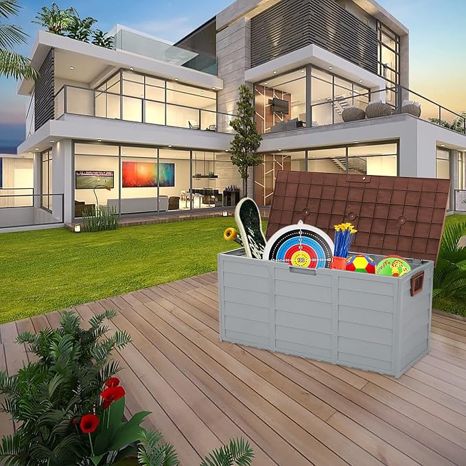 Resin Deck Box,75 Gallon 260L Outdoor Garden Plastic Storage Deck Box Chest Tools Cushions Toys Lockable Seat (Brown)