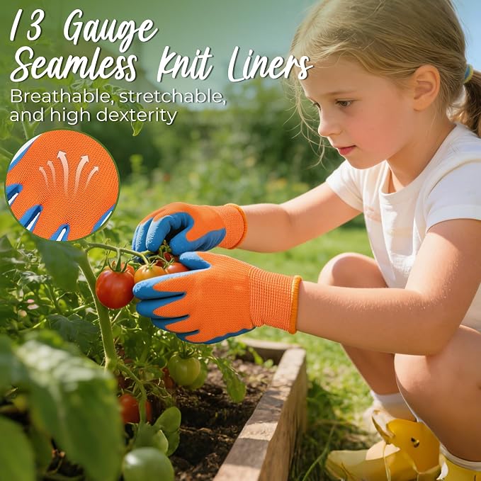 HANDLANDY 3 Pairs Kids Gardening Gloves, Grippy Kids Work Gloves, M | Foam Rubber Coated Children Toddler Garden Yard Work Cycling Outdoor Playing Gloves for Girls Boys