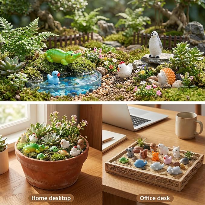 Prudiut 60 Pcs Mini Resin Animal Figures 60 Styles for Fairy Garden Decor | Tiny Resin Animal to Hide Assorted Little Animals Figures for Desk Pets Decor Miniature Landscape Dollhouse Accessories