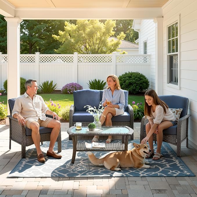 Weaxty Wicker Patio Furniture Set High Back Loveseat Sofa Couch Armchair Coffee Table, All Weather Rattan 4 Pieces Outdoor Conversation Sets for Patio Porch Deck Backyard Poolside, Denim Blue