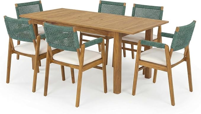 Christopher Knight Home 7-Piece Outdoor Dining Set, Expandable 63"-79" Acacia Wood Patio Table, Natural Finish with 6 Armchairs, Beige Cushions & Rope Woven Back, Backyard Garden Deck