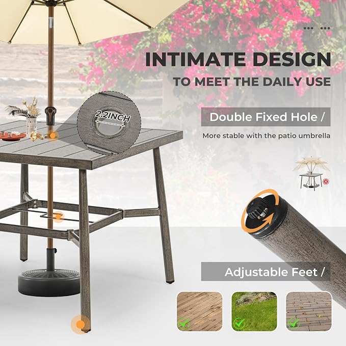 HAPPATIO 5-Piece Outdoor Dining Set for 4, Aluminum Patio Dining Set Includes 1 Large Square Table with Umbrella Hole and 4 Dining Chairs, Patio Furniture Set for Lawn, Porch, or Backyard (Grey)