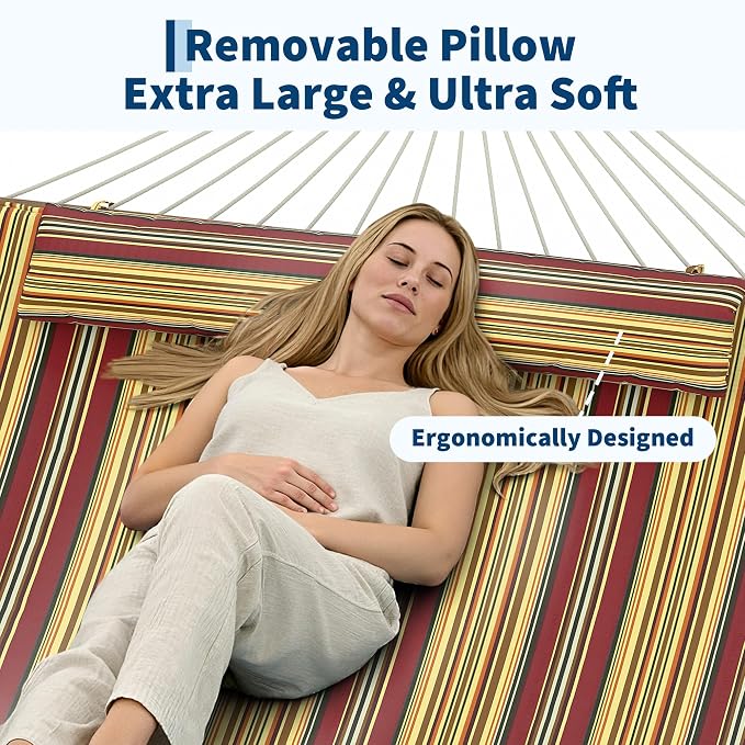 Double Quilted 2 Person Hammock – 12FT Outdoor Freestanding Garden Hammock, Wooden Spreader Bar, Removable Pillow, Storage Pocket, 450lbs Capacity, Cotton Rope & Padded Polyester