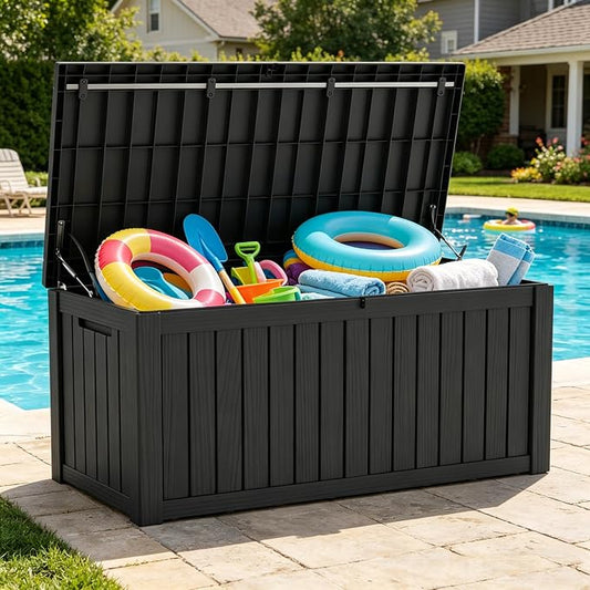 LAUSAINT HOME 150 Gallon Resin Deck Box with Hydraulic Pistons, Extra Large Waterproof Outdoor Storage Bench for Large Cushions, Heavy Duty Seating, Lockable Patio Bin for Pool and Garden (Black)