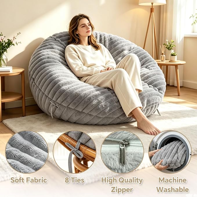 Fluffy Shaggy Cover for Papasan Cushion Cover, 50 Inch, Machine Washable | Super‑Soft Faux Fur Papasan Chair Cushion Cover, 8 Ties Keep Cover Secure, Long‑Zipper for Easy Removal, Grey (Only Cover)