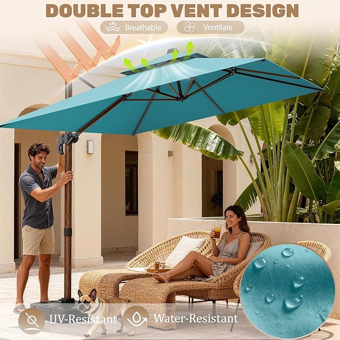 10x13FT Cantilever Outdoor Patio Umbrellas, Double Top Wood Pattern Rectangle Umbrella, Heavy Duty 360°Rotation Offset Umbrella for Garden Deck Pool Patio, Turquoise