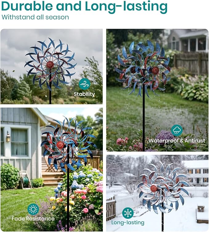 4 Layer Wind Spinner Metal Vine Scroll Kinetic Garden Yard Art Decor | Hand-Crafted Art, 4-layer vine scroll metal spinner, Whisper-quiet dual rotation, Adjustable height stake