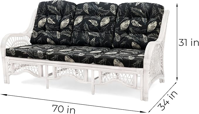 Malibu Lounge Set of 4: 2 Natural Rattan Wicker Chairs, Three-Seater Sofa and Coffee Table with Glass Handmade, White Color with Black Leaf Cushions
