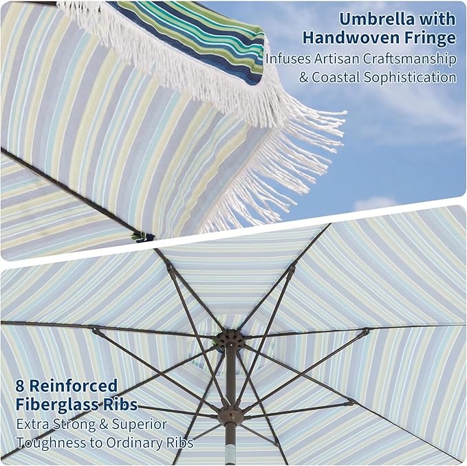 PeakPursuit 9 ft Patio Umbrella with Fringe, Tassel Outdoor Beach Umbrella for Sand with Push Button Tilt, 8 Fiberglass Ribs, UV 50+ Sun Protection for Garden, Pool, Backyard, Deck