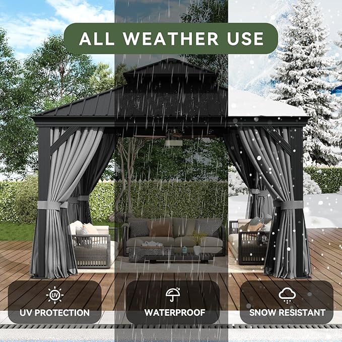 Aoxun Hardtop Gazebo 12x12 with Gutter, Upgraded Wider Aluminum Outdoor Gazebo with Galvanized Steel Double Roof, Patio Permanent Metal Pavilion with Netting and Privacy Curtain