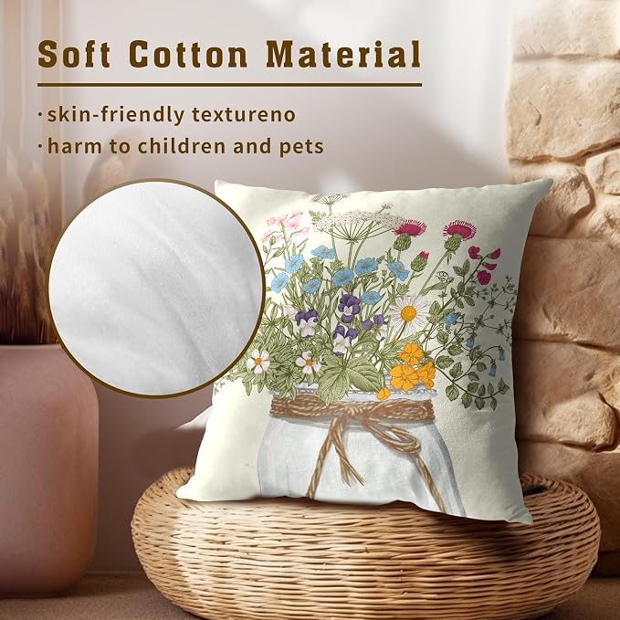 Flowers Vase Throw Pillow Cover 22x22 inch,2 Pcs Watercolor Floral Delicate Wildflowers Summer Seasonal Decorative Pillow Cases Linen Square Cushion Covers for Couch Sofa Home Decor