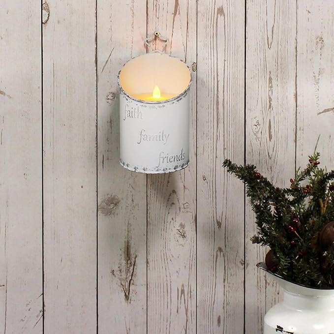 CVHOMEDECO. Vintage Galvanized Can Flameless LED Candle, Real Wax in Antique Galvanized Jar FFF Flickering Candle with Remote Control for Tabletop Wall Decor. H 8 Inch, Cream