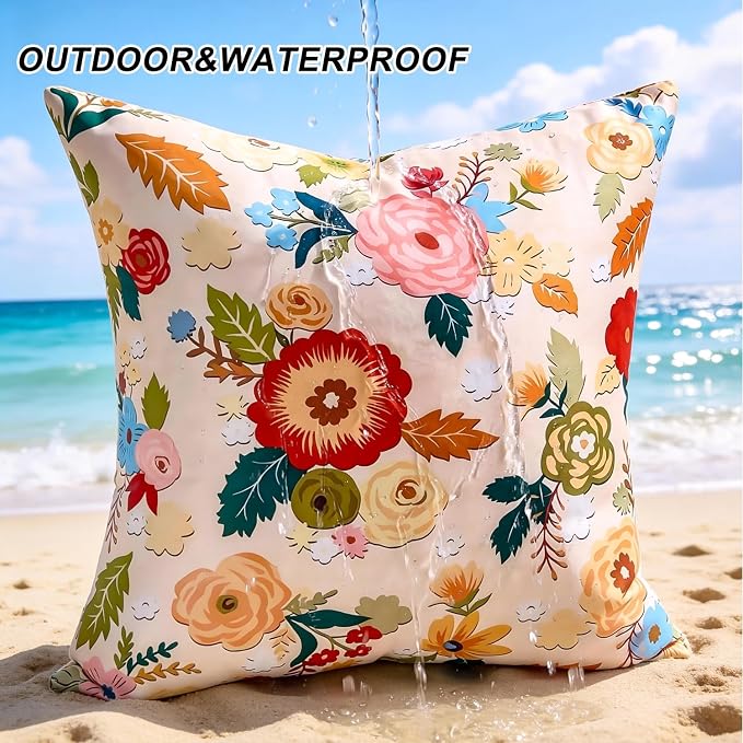 Decorative Waterproof Lumbar Pillow Covers Outdoor Pillow Covers Summer Accent Beige Floral Couch Covers Garden Farmhouse Throw Cushion Cases 12x20 Inch Set of 2 for Patio Tent Balcony Bench Sofa