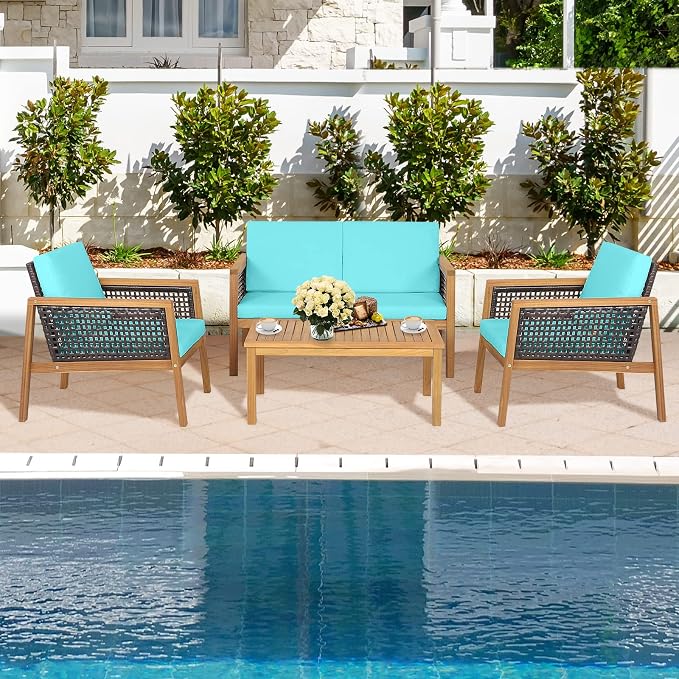8 Pieces Outdoor Acacia Wood Furniture Set, Outdoor PE Wicker Conversation Set with Coffee Table and Soft Cushions, Outdoor Sofa Set for Garden, Poolside and Backyard