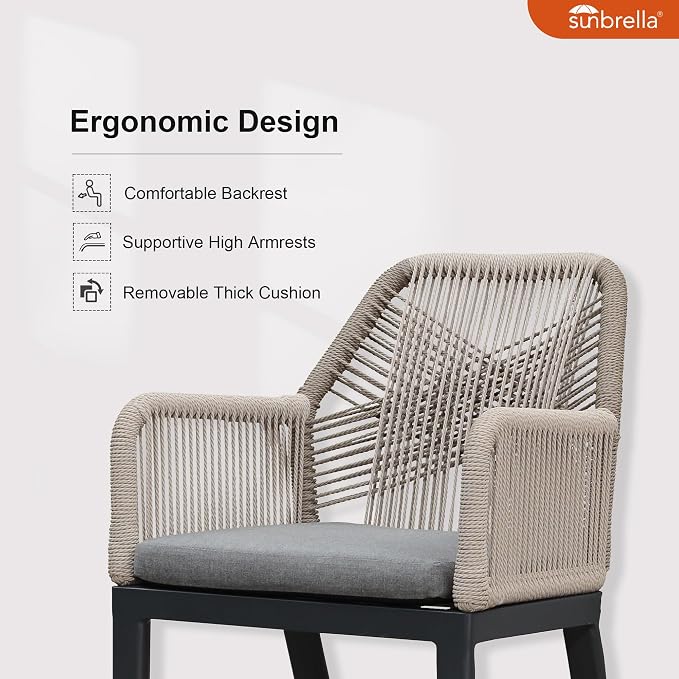 PURPLE LEAF 7 Pieces Patio Dining Set Aluminum Modern Rectangular Table and Rattan Arm Chairs with Cushions for Kitchen Porch Garden Outdoor Furniture Sets, Beige and Dark Grey