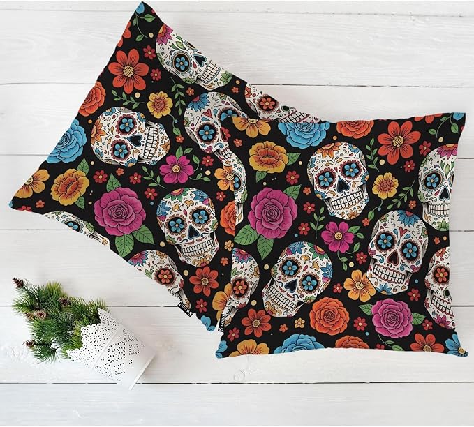 Swono Day of The Dead Throw Pillow Covers, Mexican Sugar Skulls Flowers Skeleton Set of 2 Pillow Cases Decorative 18 X 18 Inches Soft Cushion Cover Pillowcases for Bedroom Living Room Cushion Sofa