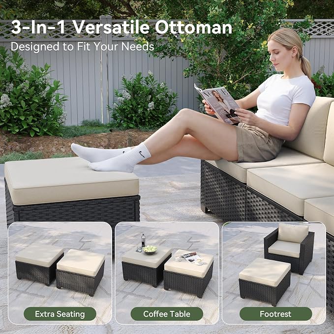 Aoxun Patio Furniture Set with Fire Pit Table, 7 Seats Piece Outdoor Furniture Set with Wicker Ottomans, Rattan Outdoor Sectional Sofa with Storage Table & Waterproof Cover Beige