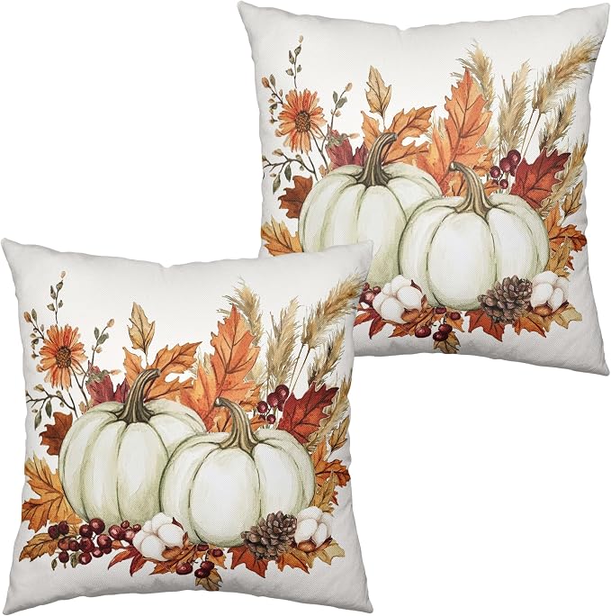 Fall Pumpkin Pillow Covers 18x18 Set of 2 Autumn Harvest Throw Pillow Covers Maple Leaves Pillowcase Thanksgiving Cushion Case for Home Decor Outdoor Sofa