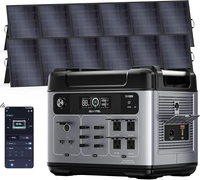 OUKITEL P2001 Pro 3200W Power Station with 2x500W Solar Panel, 2048Wh Solar Generator with 4x6400W Peak AC Outlets, 1.5H Full Charging, APP Control LiFePO4 Battery for Camping RV HomeB ackup