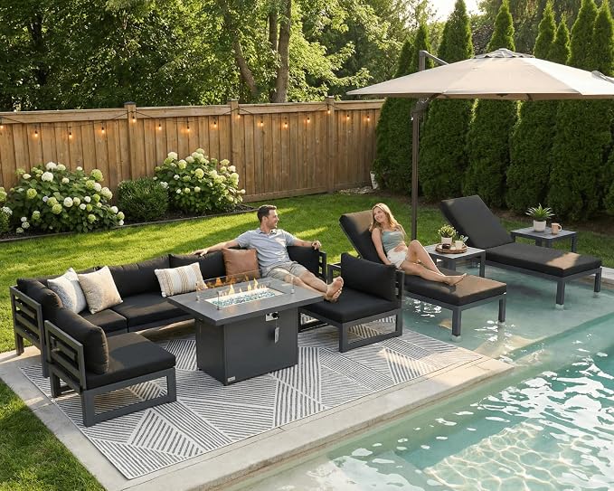 NICESOUL Oversized Modern Aluminum Outdoor Patio Furniture Set with Lounger & Fire Pit Table, 29" Wide Deep Seating, Rust Fade Resistant Sectional Sofa, 500 lbs Heavy Duty Deck Conversation Set, Black