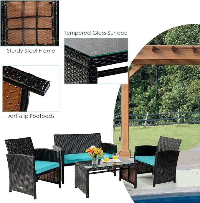 Tangkula 8 Pieces Rattan Furniture Set, Outdoor Conversation Set w/Chair & Loveseat & Tempered Glass Coffee Table, Suitable for Garden, Backyard, Poolside, Patio Furniture Set for 8 (2, Turquoise)