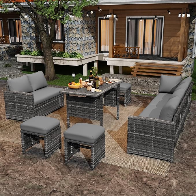 U-MAX 7 Pieces Patio Furniture Set, Outdoor Sectional Sofa Conversation Set, All Weather Wicker Rattan Dining Table & Chair with Ottoman, Grey Rattan&Grey Cushion