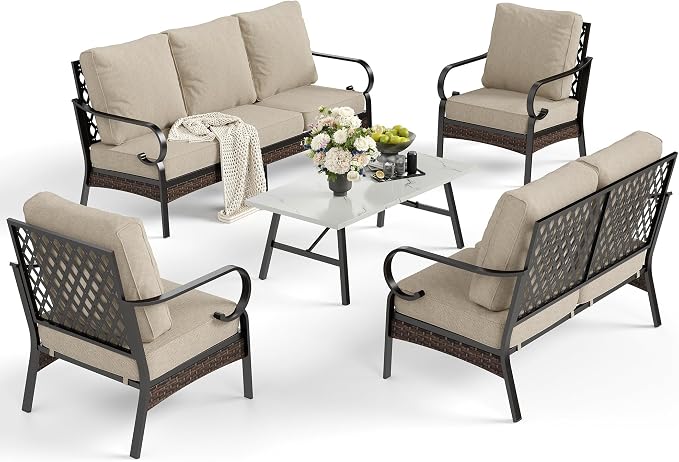 SUNSHINE VALLEY 5 Piece Metal Outdoor Patio Furniture Set, Patio Conversation Sets 1 3-Seater Sofa, 2-Seater Sofa, 2 Fixed Sofa with 5.75" Thick Cushion & Coffee Table Black Backyard Furniture, Beige