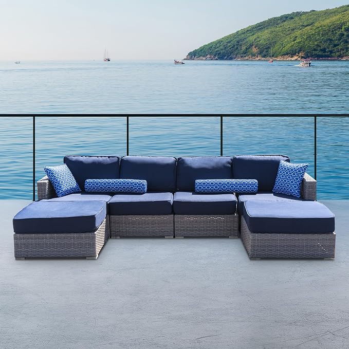 Vanity Art High-Density Polyethylene (HDPE) Wicker 6 Piece Outdoor Furniture Conversation Sofa Set | Patio Couch with Cushion, and Back Rest Pillow for Balcony Backyard, Garden, Fully Assembled