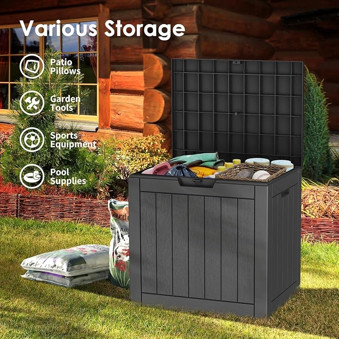 35 Gallon Outdoor Deck Box, Lockable Waterproof Outdoor Storage Boxes For Garden Tools,Indoor Cushions,Accessories Outside Storage Resin Weatherproof Container, Black