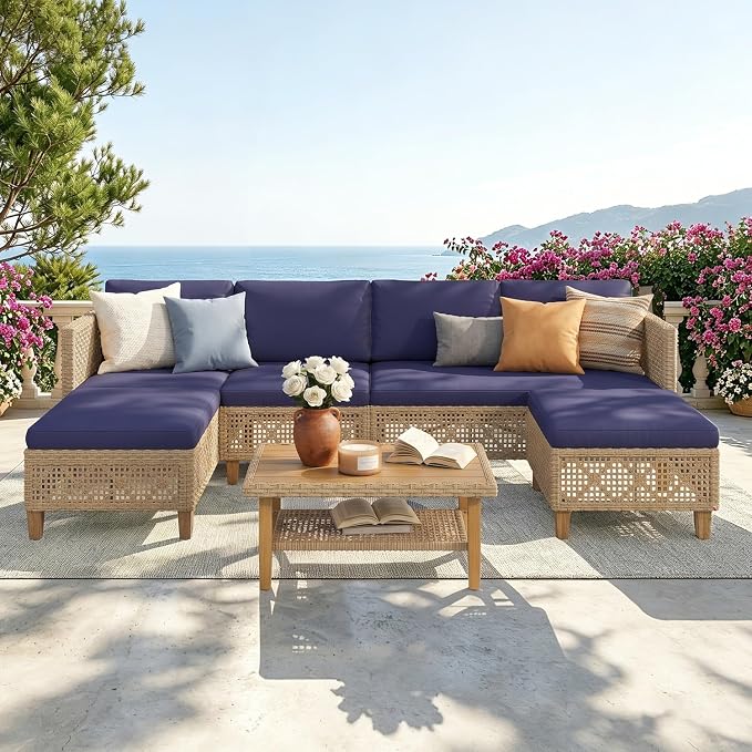 PHI VILLA Wicker Patio Furniture Set, Rattan Patio Sectional Sofa Outdoor Couch Set with Acacia Wood Coffee Table, 7 Pieces U-Shaped Patio Conversation Set for Backyard Porch, Navy Blue Cushion
