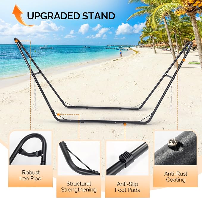 ONCLOUD Hammock with Stand, Double-Barrel Hammock with Hammock Bed, Heavy Duty Adjustable Hammock Set for Outdoors, Patio, Yard, Garden, 550 LBS (Beige)