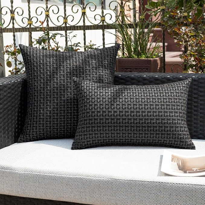 Kevin Textile Outdoor Waterproof 22"x22" Pillow Covers 2 Pack, Black | Water Resistant Weaving Faux Linen Texture Throw Pillow Covers, Outside Decorative Pillowcases for Garden Patio Balcony Couch