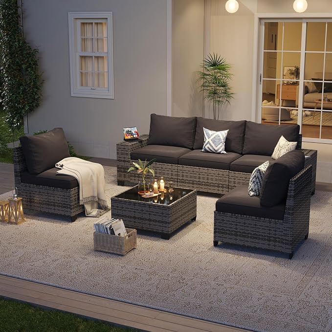 Aoxun Patio Furniture Set, 6 Pcs Outdoor Patio Furniture Sets with 4in Thicken Cushion, Widen Armrests Wicker Outdoor Sectional for Backyard