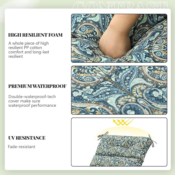 Kigley Outdoor Chaise Lounge Cushions with 3 Side Pocket 74.5 x 22 x 4.7 Inch Patio Chaise Lounge Cushion, Water-Repellent and Fade-Resistant Tufted Summer Replacement(2 Pcs,Cyan Paisley,Patterned)
