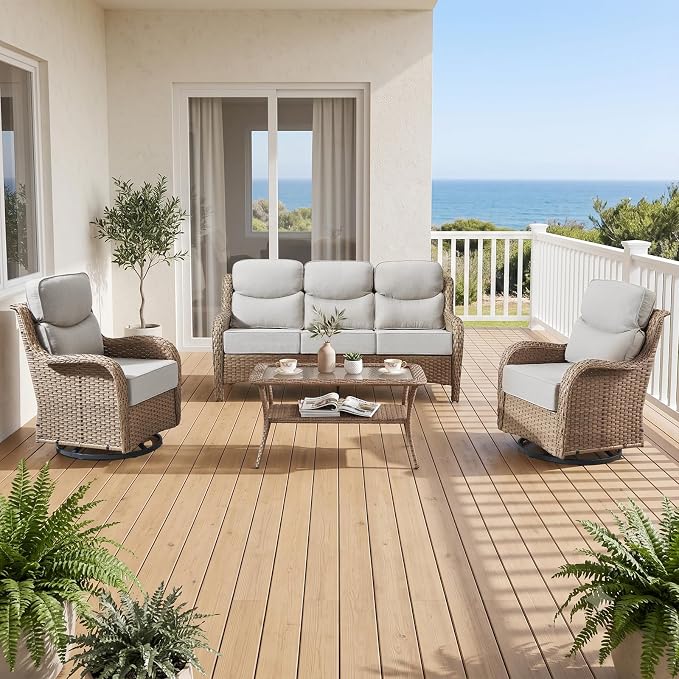 Luxury High Back Outdoor Furniture with 6-Inch Thick Cushions, Patio Furniture Set with Swivel Chairs, 4 PCS Wicker Conversation Set for Porch, Balcony, Deck and Yard