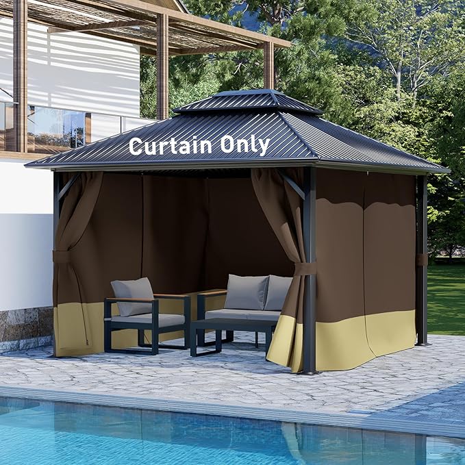 Aoodor 10x12 ft Outdoor Gazebo Curtains, 4 Panels Waterproof Privacy Sidewall Replacement with Zipper for Patio Pergola and Canopy, Brown and Khaki