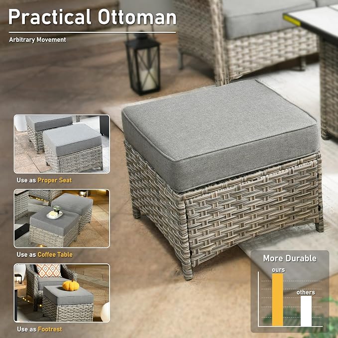 HOOOWOOO 9 Piece Patio Furniture Conversation Sets with Swivel Rocking Chairs,Outdoor Wicker Furniture with Ottoman,All Weather Resistant High Back Rattan Conversational Set(Dark Grey Gray)