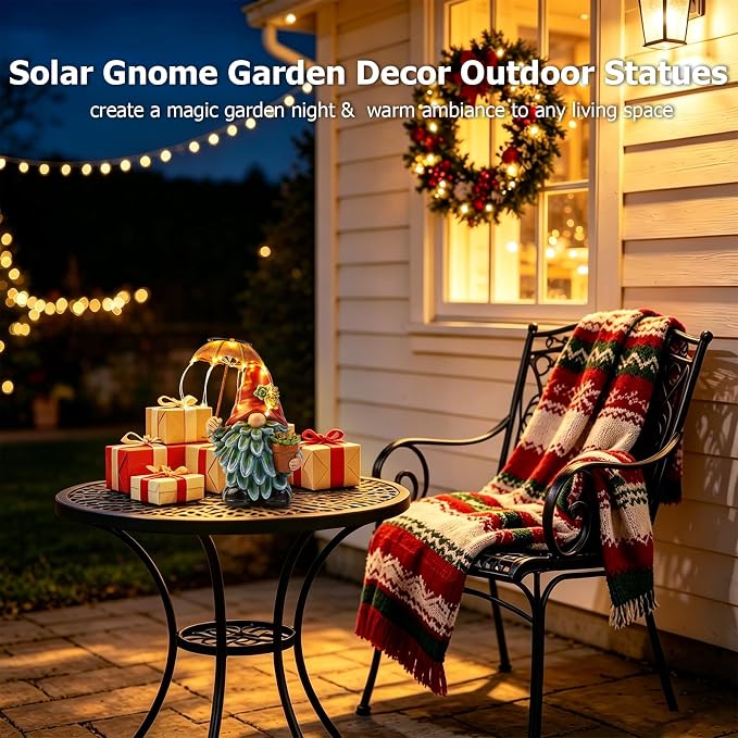 Solar Outdoor Statues Gnome Garden Decor, Garden Gnome with Solar LED Umbrella Decorative for Patio, Balcony, Lawn, Yard Ornament - Christmas Gardening Gifts for Mom Grandma