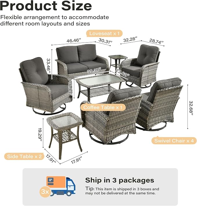 8 Pieces Patio Conversation Sets,Patio Furniture Set with Swivel Rocking Chairs,Coffee Table, Side Table, All Weather Rattan Wicker Outdoor Sectional Furniture Set for Porch Balcony Backyard Black