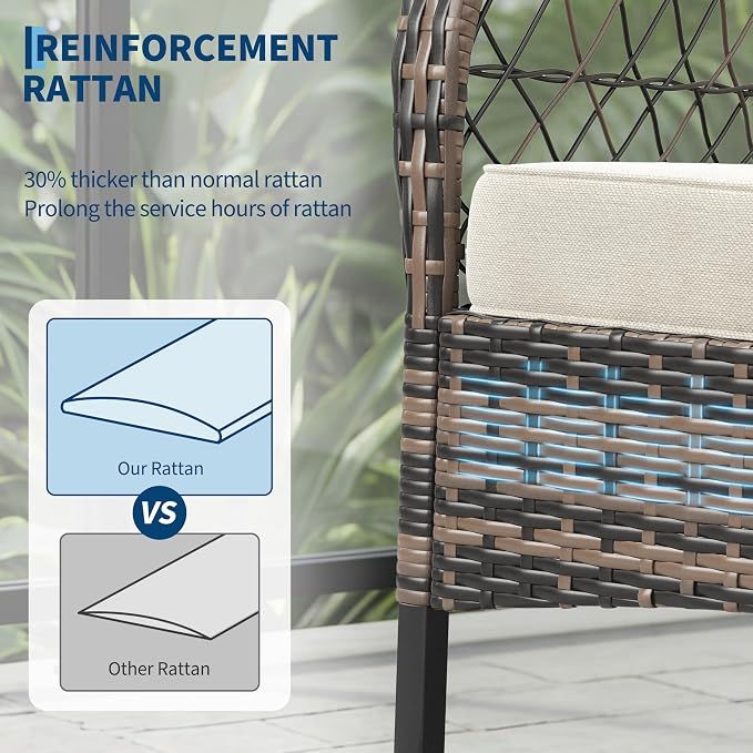 Outdoor Wicker Rocking Chair Set of 3 Pieces, Patio Furniture with Rattan Rocker Chairs, Glass-Top Coffee Table and Beige Washable Cushions for Garden, Balcony, Porch (Brown Wicker & Beige Cushions)